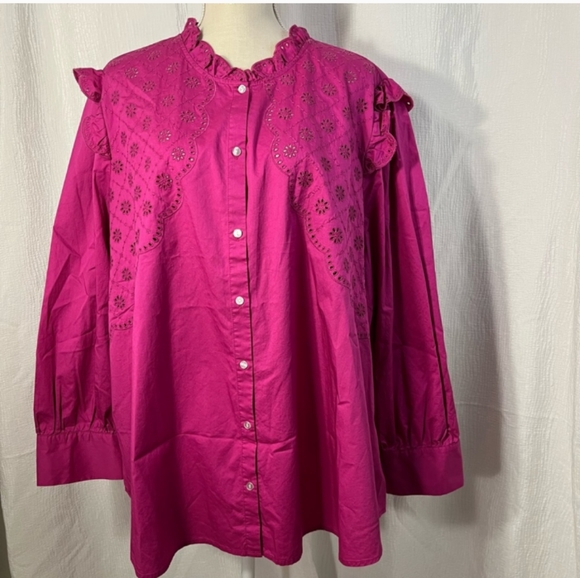 🆕Old Navy | Pink Eyelet Ruffle-Trimmed Button-Down Shirt Size Large - Picture 4 of 9
